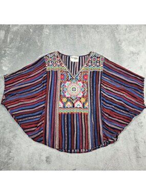 Savanna Jane Top Large Blue Purple Embroidered Striped Poncho Boho Hippie Blouse